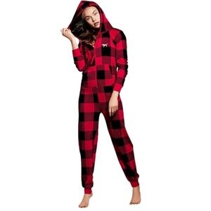 PINK Victoria’s Secret Plaid Sherpa Lined Hooded Onesie